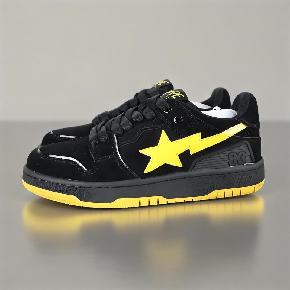 BAPE STA Black Yellow Lightning Patent Suede Retro Sneakers