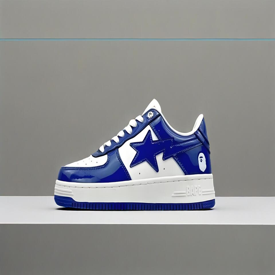 BAPE STA Blue White Patent Leather Sneakers Unisex Streetwear Shoes