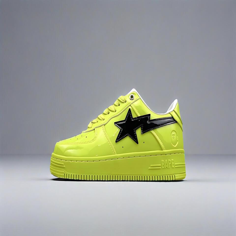 BAPE STA Fluorescent Yellow Patent Leather Street Sneakers