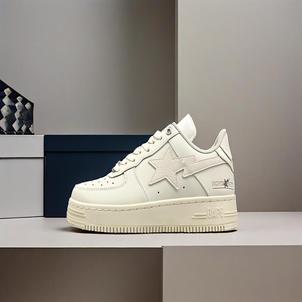 BAPE STA Full Grain Leather Sneakers in Off-White