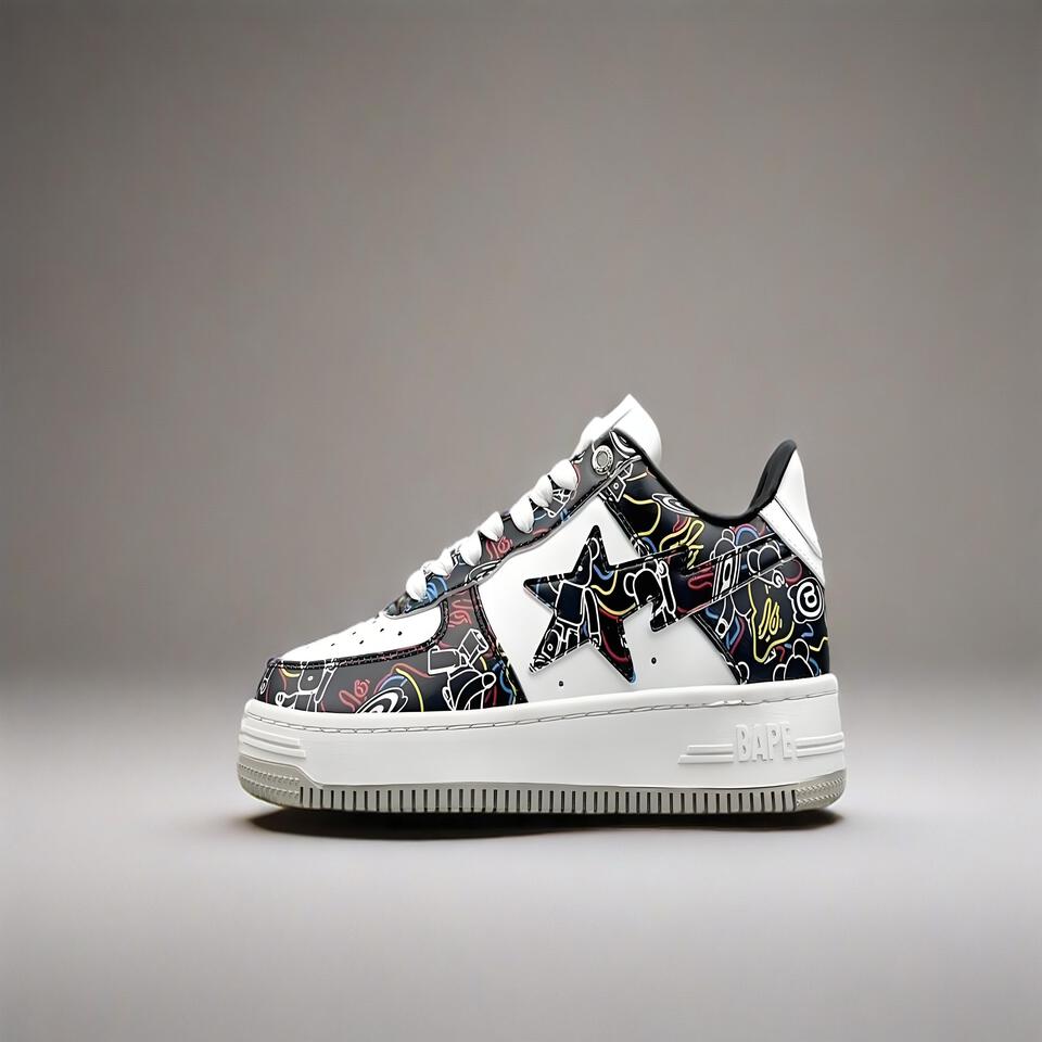 BAPE STA Graffiti Star Leather Sneakers, Bape Shoes