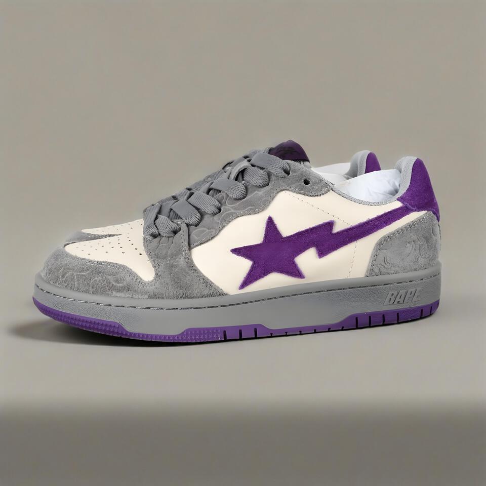 BAPE STA Grey Purple Suede Leather Unisex Low-Top Sneakers