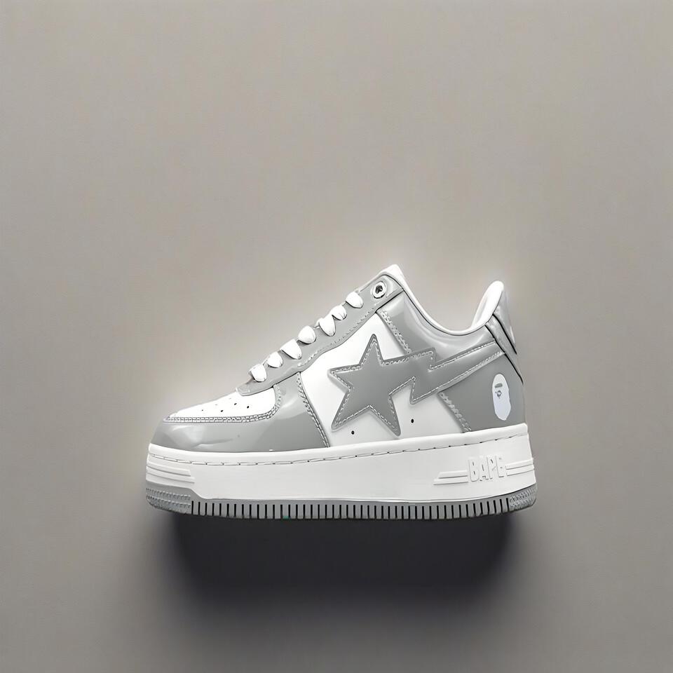 BAPE STA Grey White Leather Shoes: Iconic Low-Top Sneakers