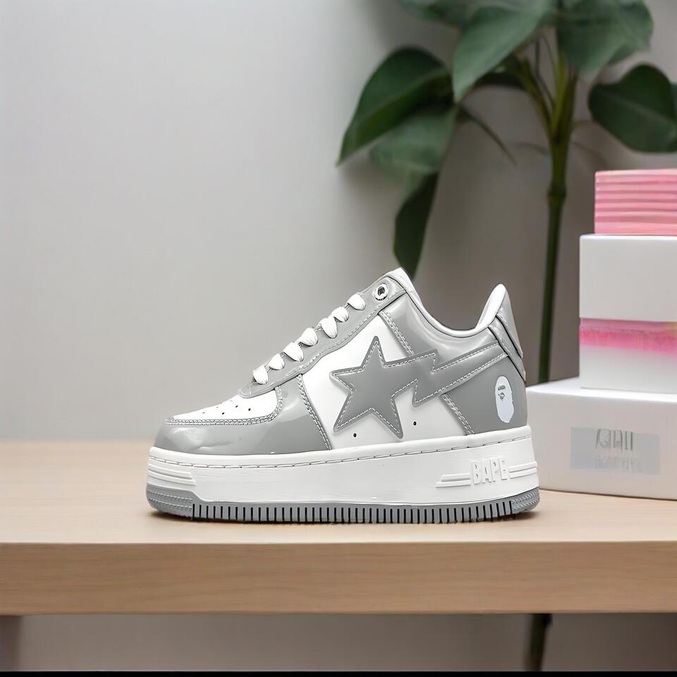 BAPE STA Grey White Leather Sneakers: Men's Retro Fashion Shoes