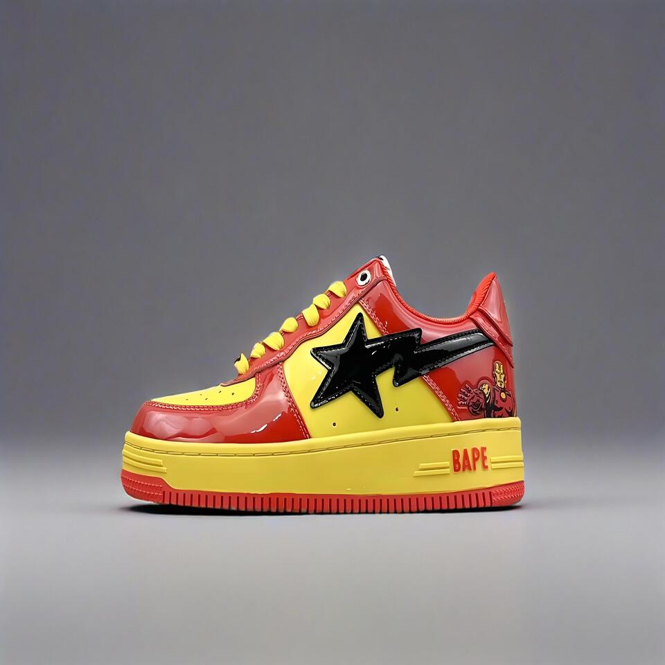 BAPE STA Iron Man Red Yellow Patent Leather Lightning Logo Sneakers