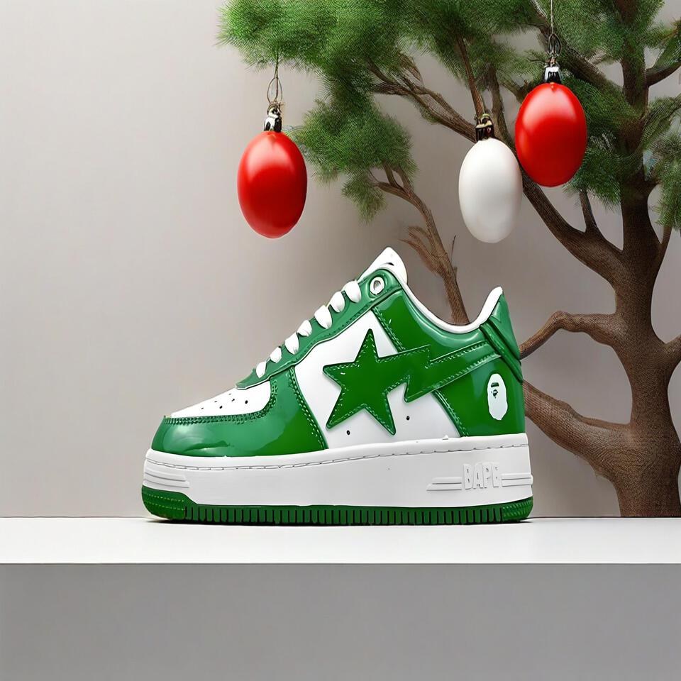 BAPE STA Low Top White Green Patent Leather Sneakers