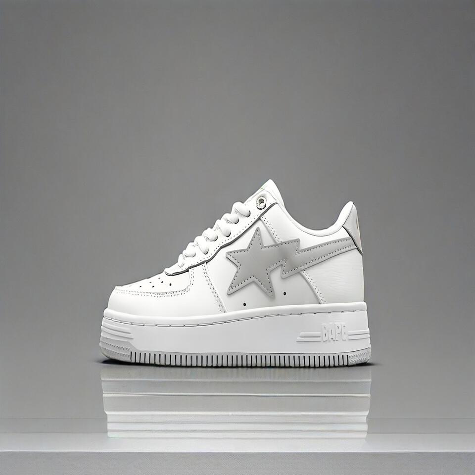 BAPE STA Low Top White Grey Leather Sneakers