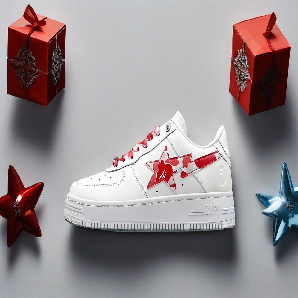 BAPE STA Low Top White Red Camo Star Leather Sneakers