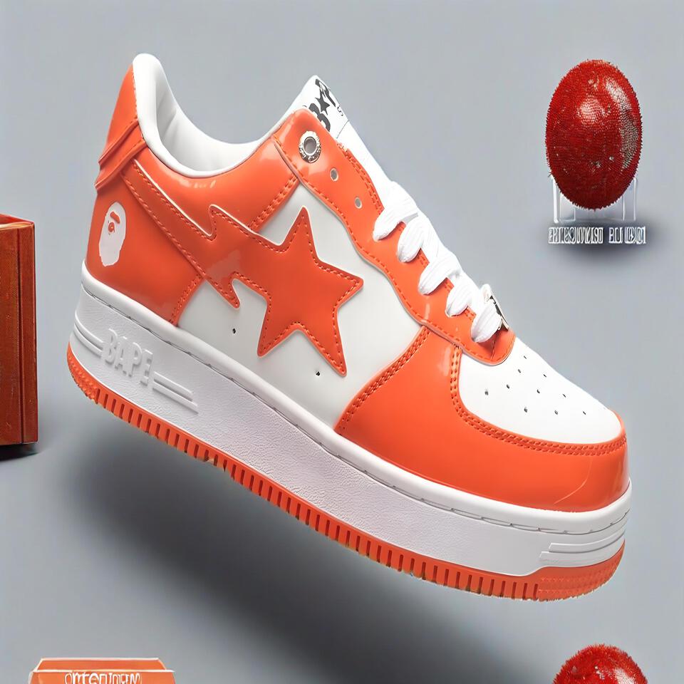 BAPE STA Orange White Leather Low-Top Sneakers
