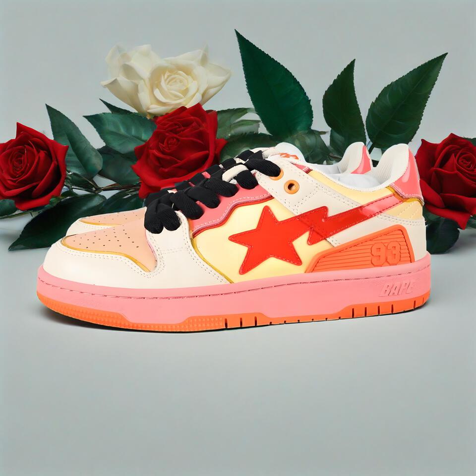 BAPE STA Pink Orange Patent Leather Retro Sneakers