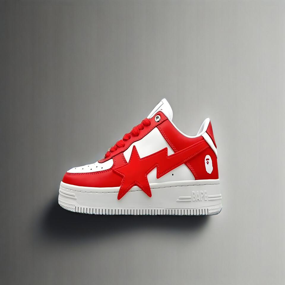 BAPE STA Red White Leather Sneakers | Low Top Skate Shoes