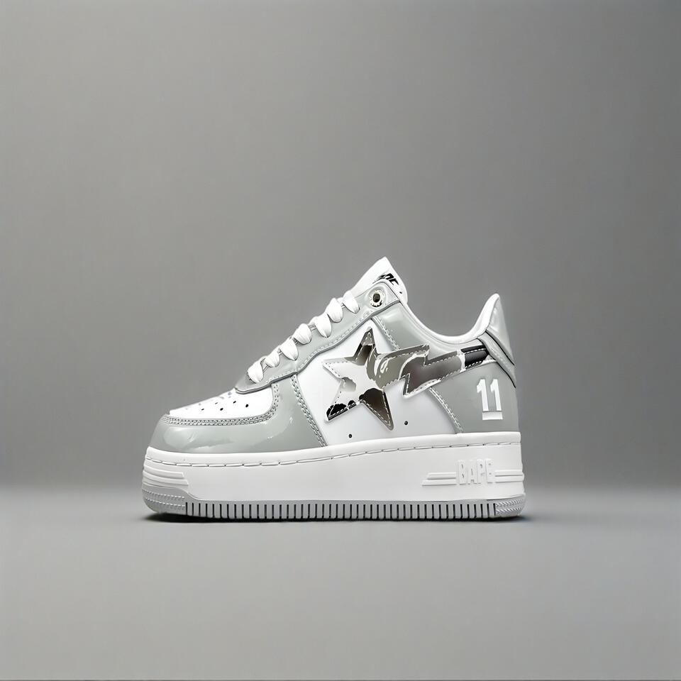 BAPE STA Silver Grey Lightning Patent Leather Low-Top Sneakers
