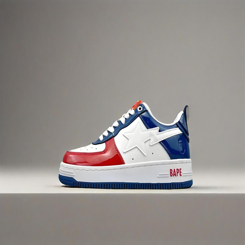 BAPE STA White Blue Red Patent Leather Casual Shoes