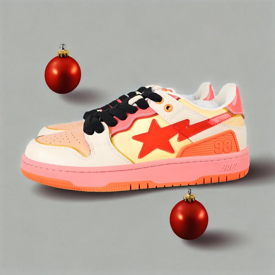 BAPE STA White & Color-Block Leather Breathable Sneakers