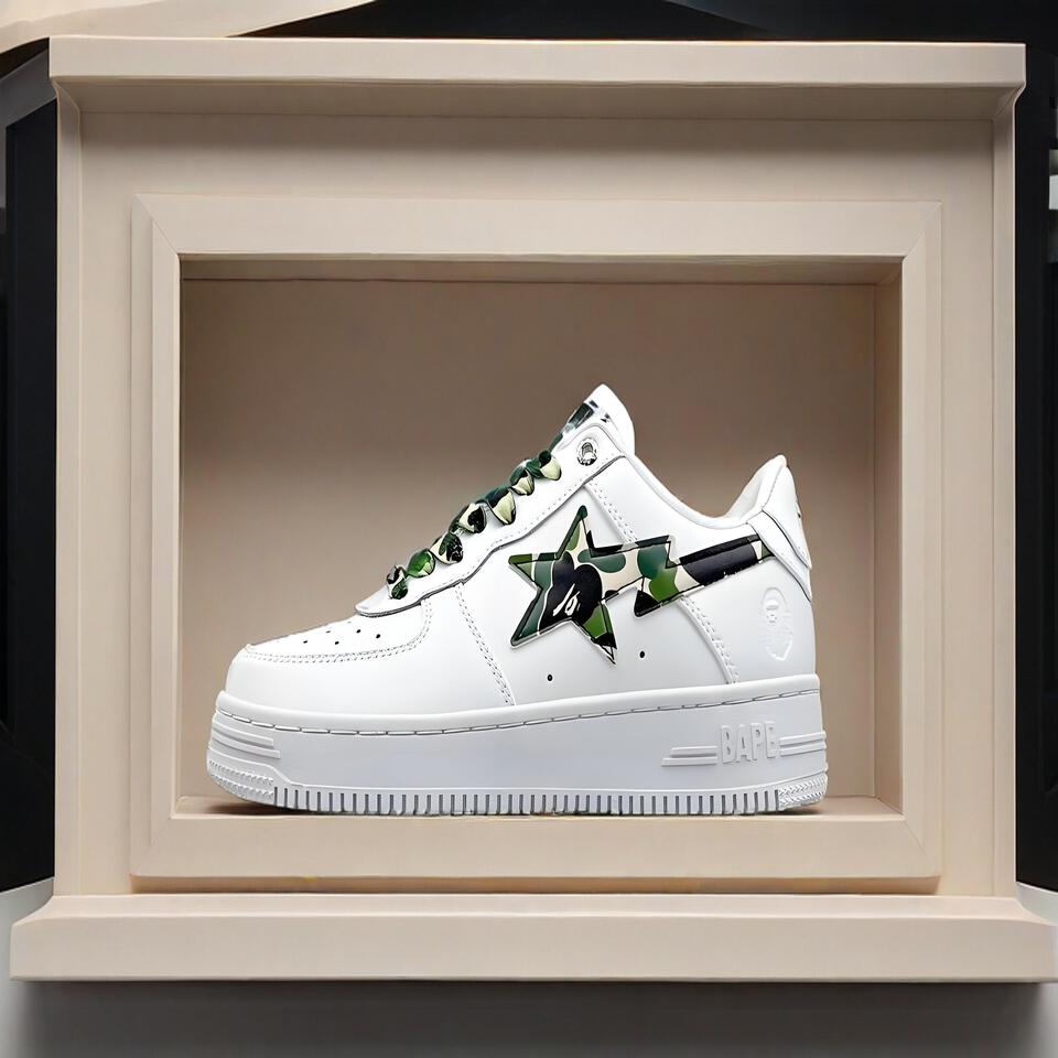 BAPE STA White Green Camo Leather Sneakers