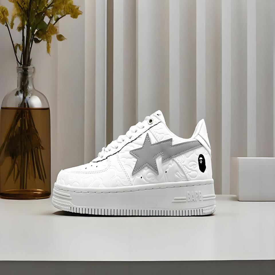 BAPE STA White Grey Leather Sneakers | BAPE Shark Streetwear Shoes