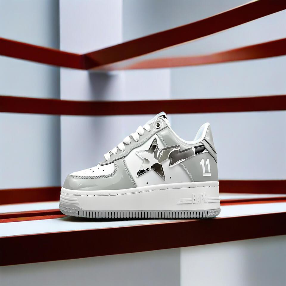 BAPE STA White Grey Silver Patent Leather Sneakers