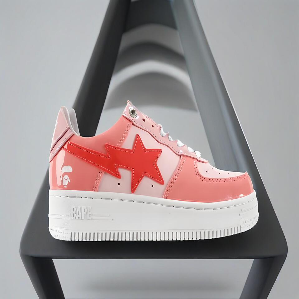 BAPE STA White Pink Red Patent Leather Sneakers
