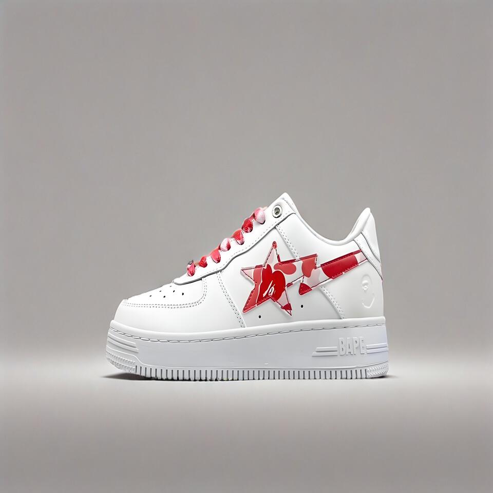 BAPE STA White Red Camo Leather Sneakers | Shark Streetwear Shoes