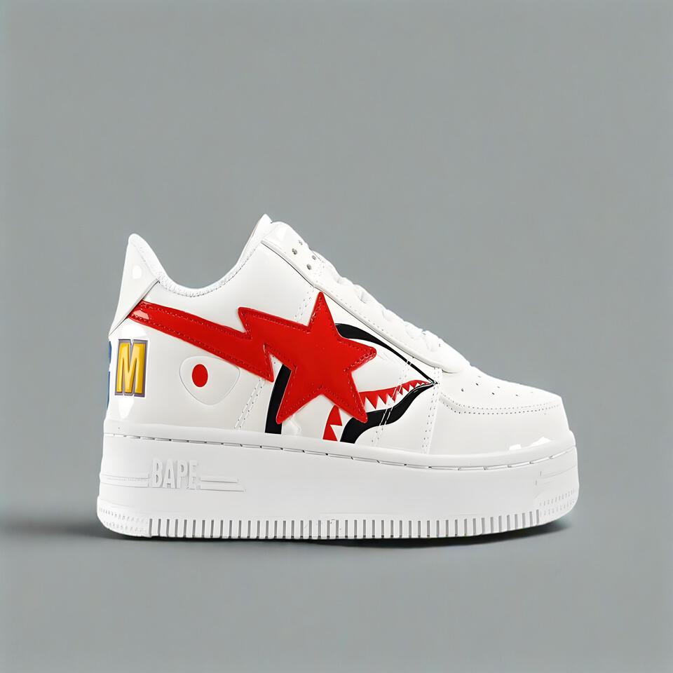 BAPE STA White Red Shark Stardust Patent Leather Sneakers