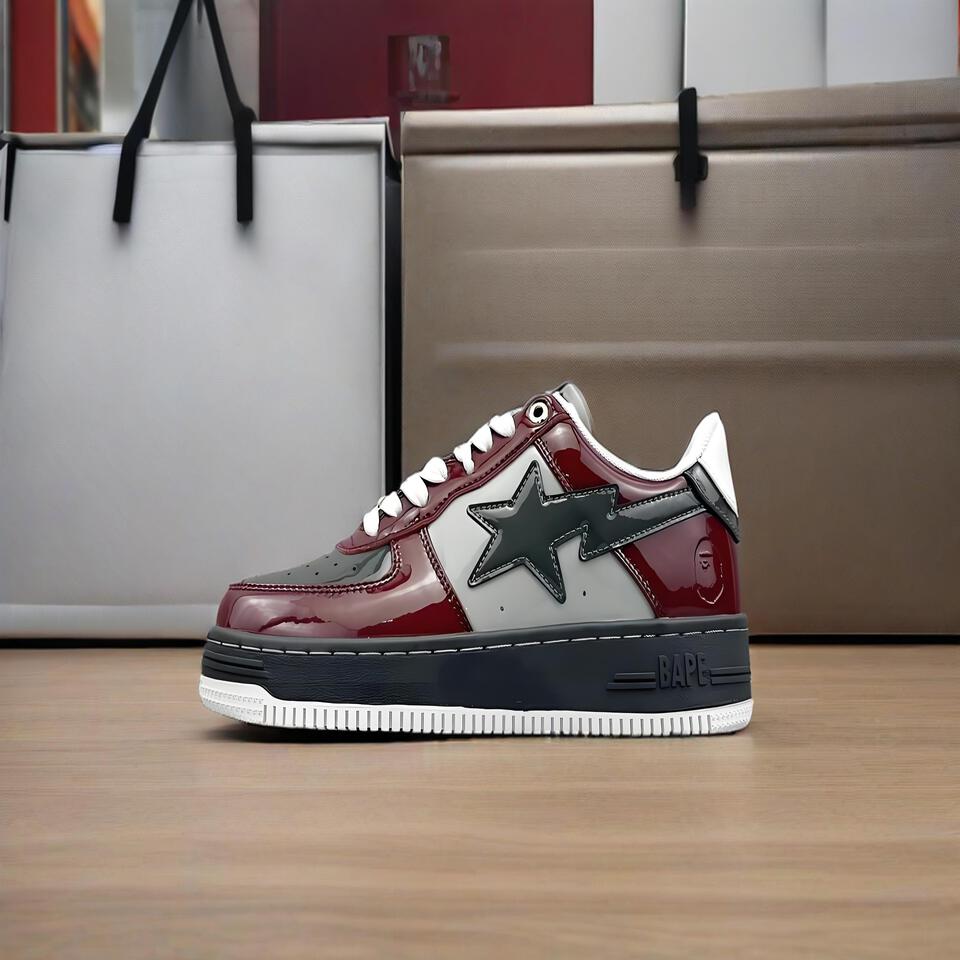BAPE STA Wine Red Grey Lightning Logo Retro Sneakers