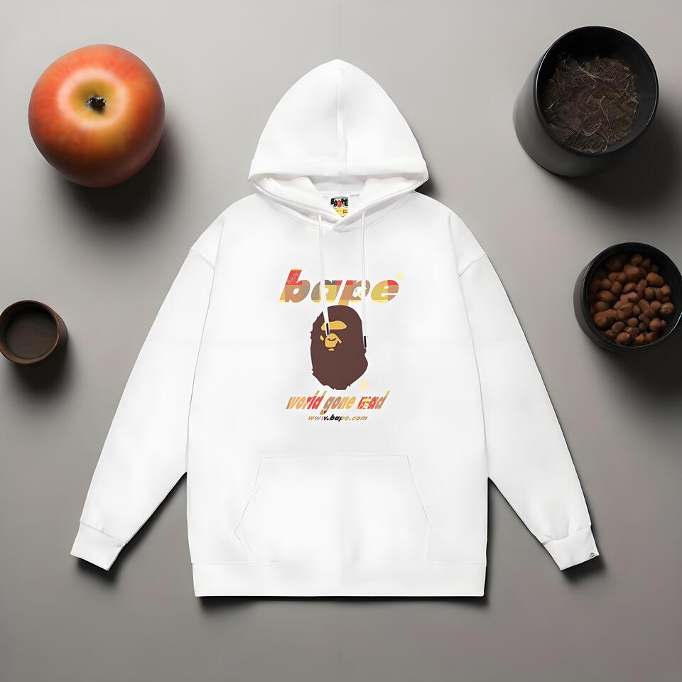 Bape White Cotton Hoodie Unisex Streetwear Pullover