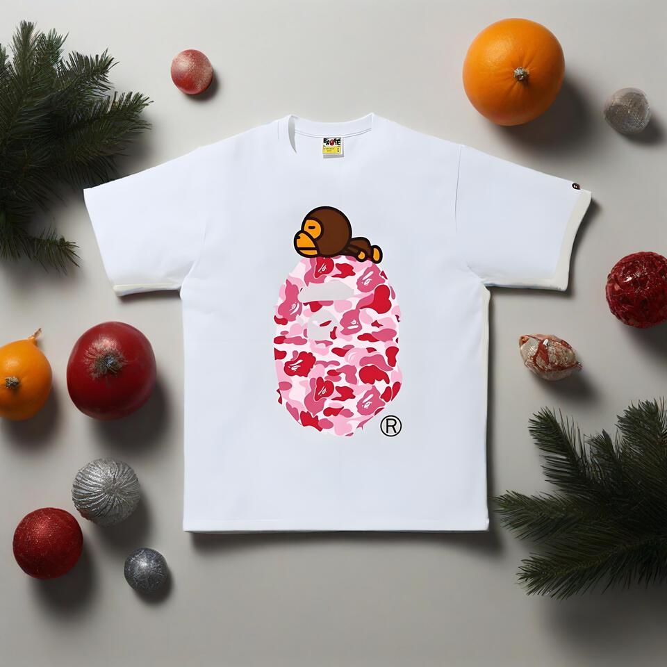 Bape White Cotton Tee Cartoon Monkey Print Streetwear