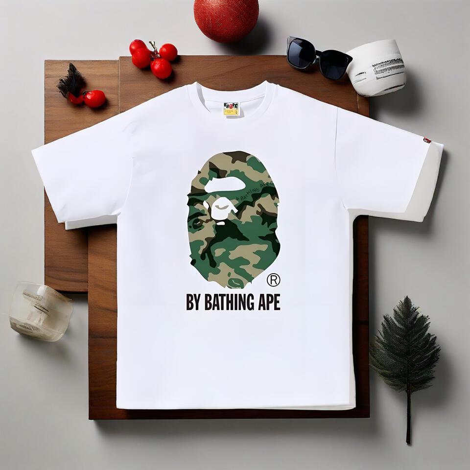 Bape White Crewneck Tee Camo Ape Head Cotton T-Shirt