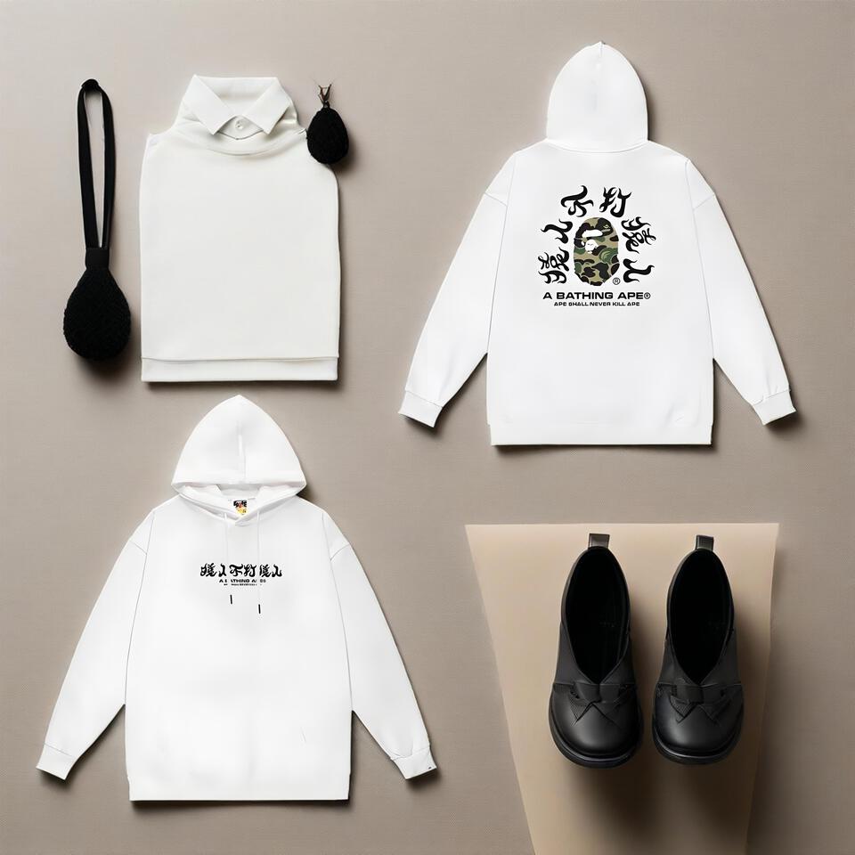 Bape White Hoodie Chinese Print Streetwear