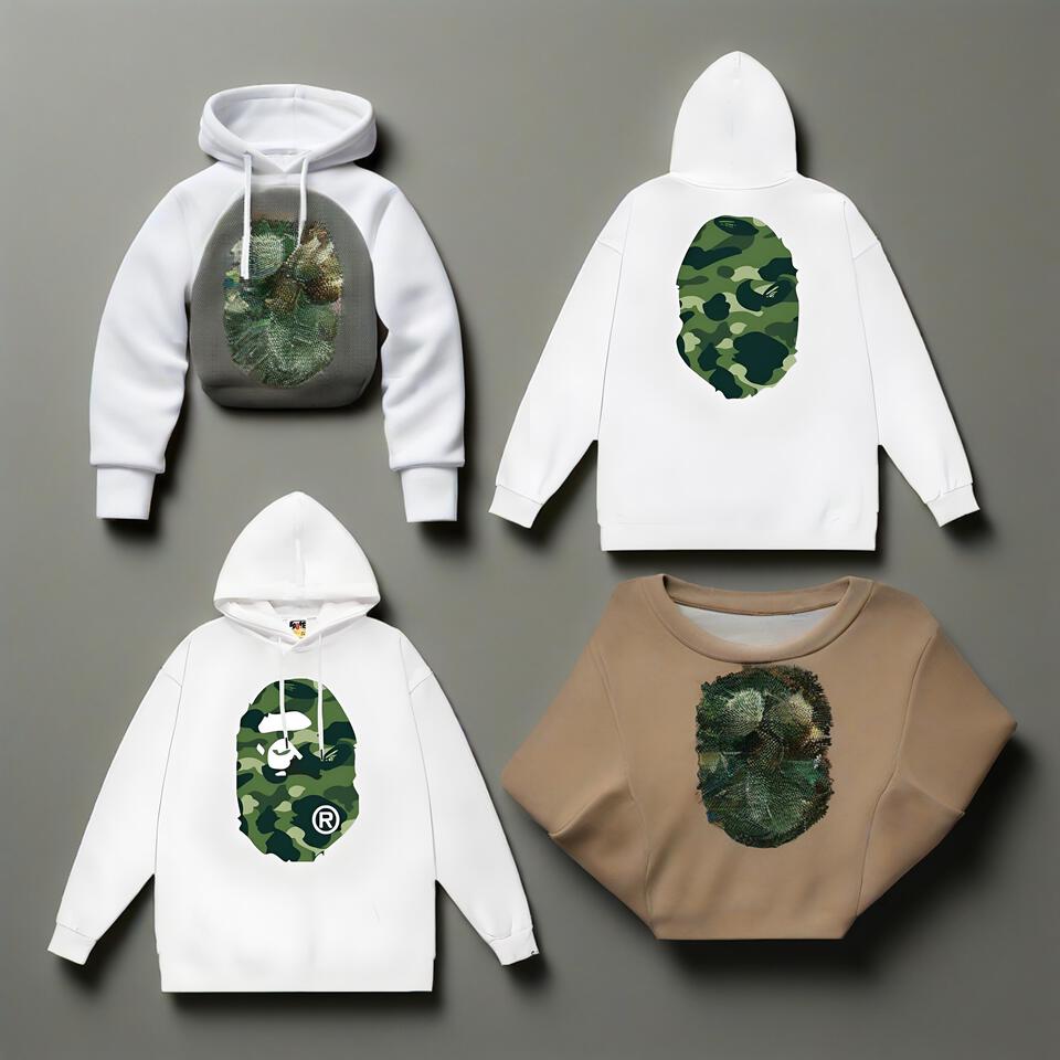 Bape White Hoodie Unisex Camo Ape Head Loose Fit