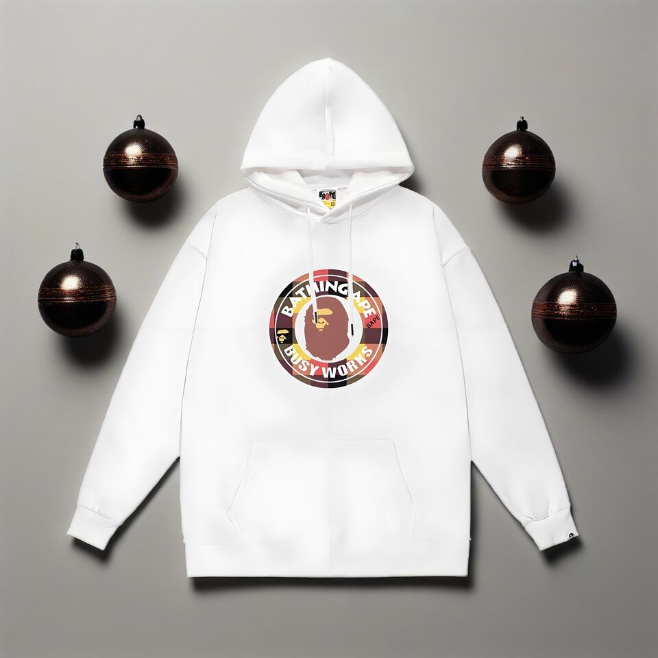 Bape White Hoodie Unisex Streetwear Cotton Oversized