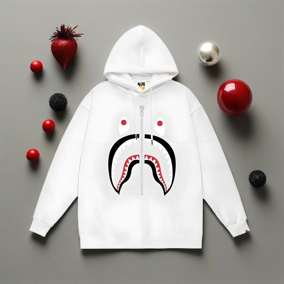 Bape White Shark Hoodie Loose Fit Cotton Sweatshirt