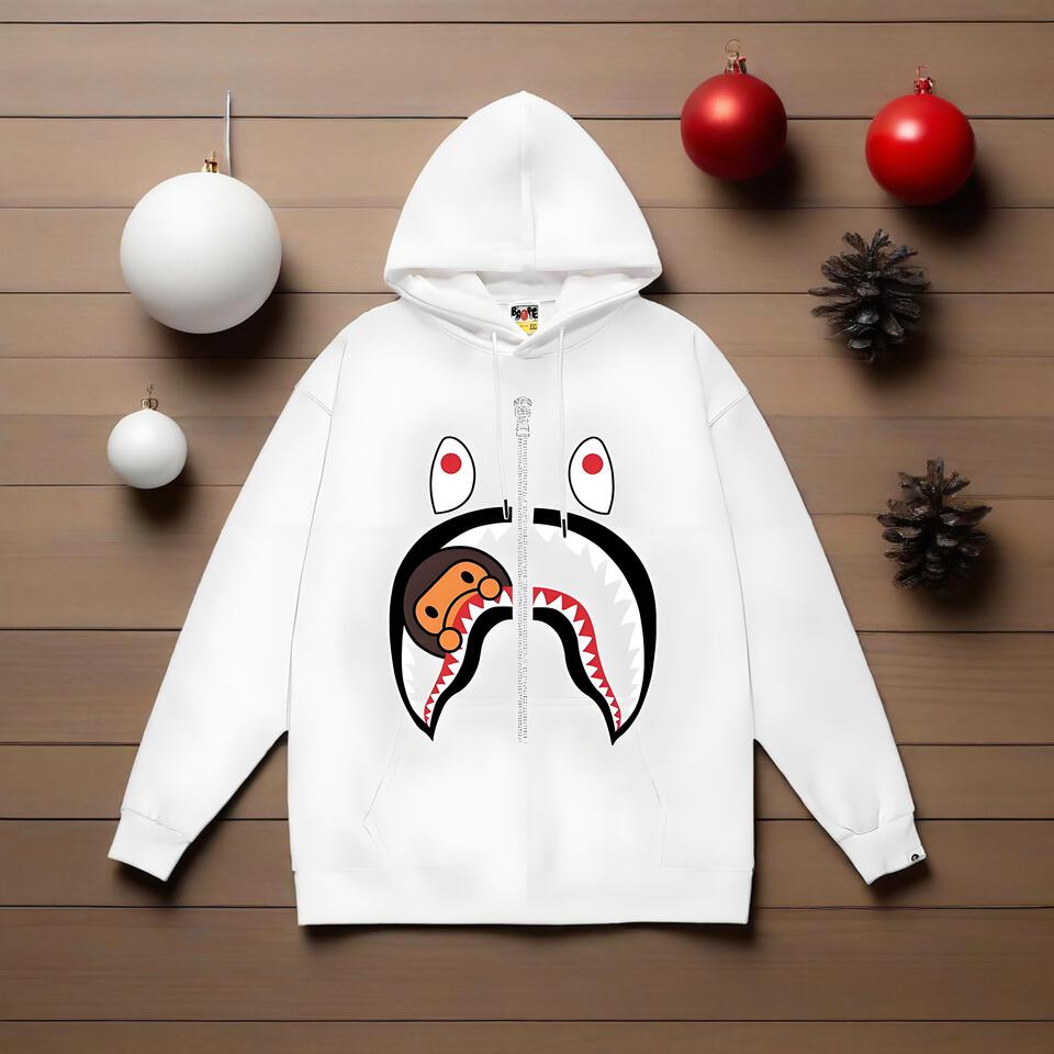 Bape White Shark Hoodie Unisex Cotton Streetwear