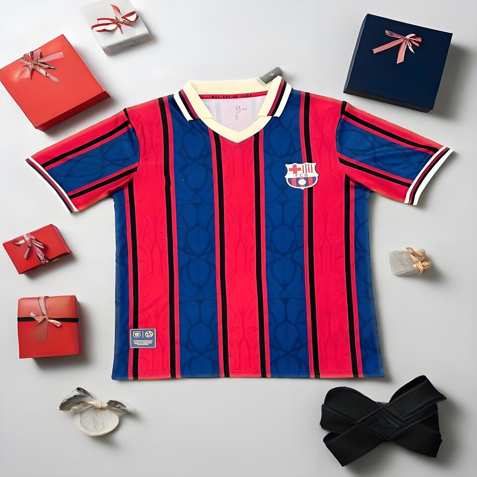 Barcelona Retro Stripe Breathable T-Shirt - Vintage Style FCB Jersey Tee