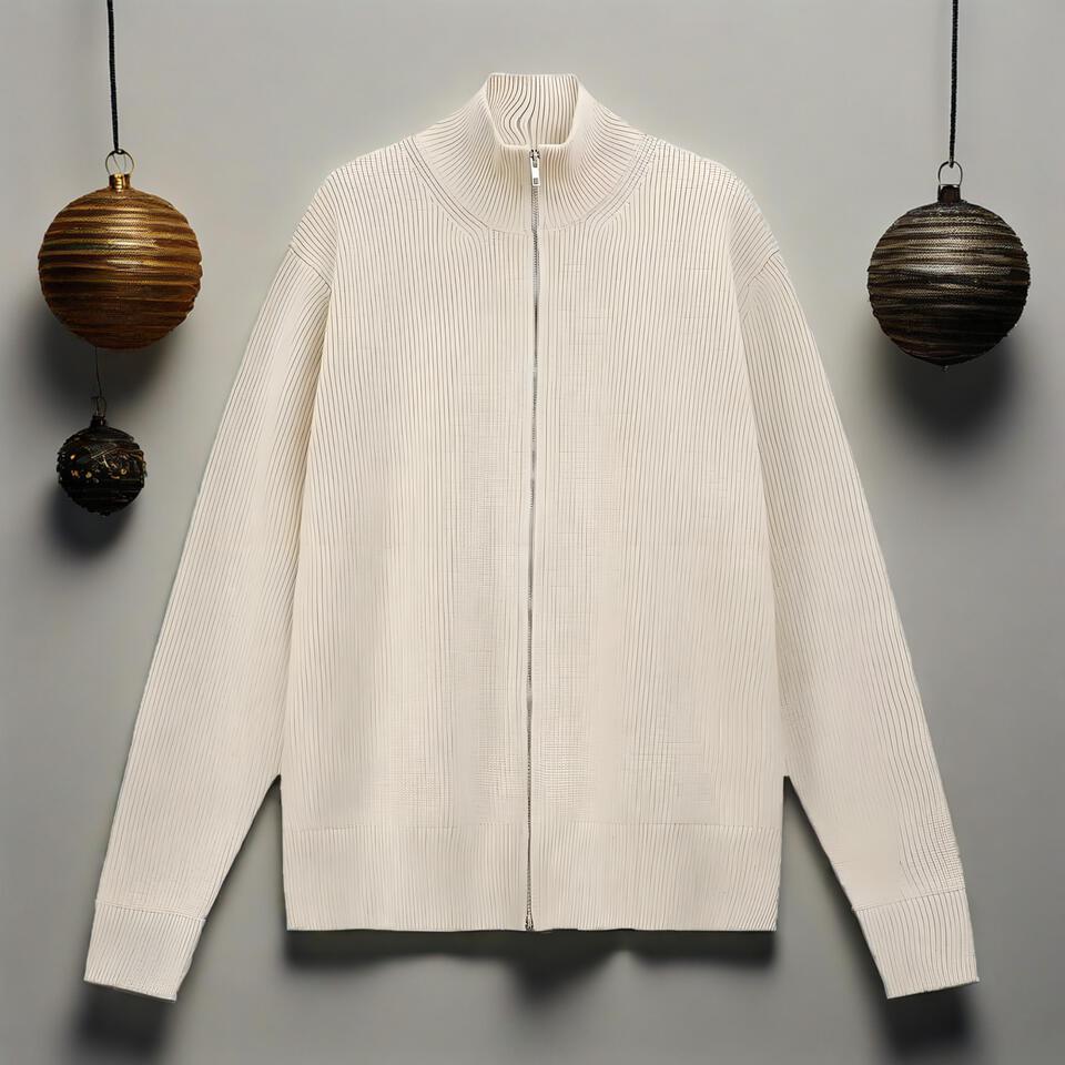Beige High Neck Zip-Up Knit Cardigan
