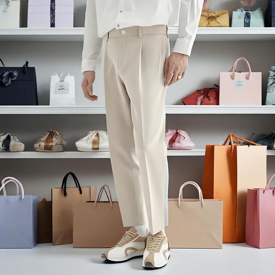 Beige High-Waist Blended Trousers Business Casual Straight Pants