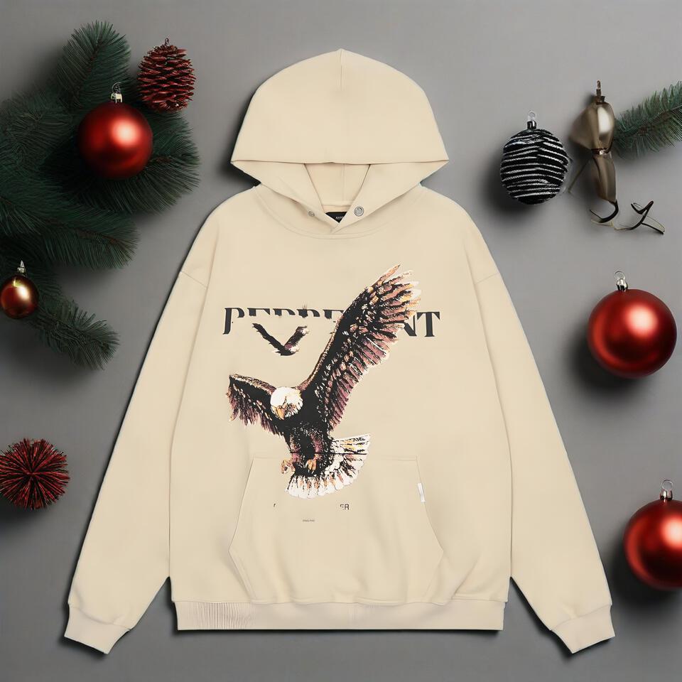 Beige Hoodie with Eagle Print Unisex Streetwear Loose Fit