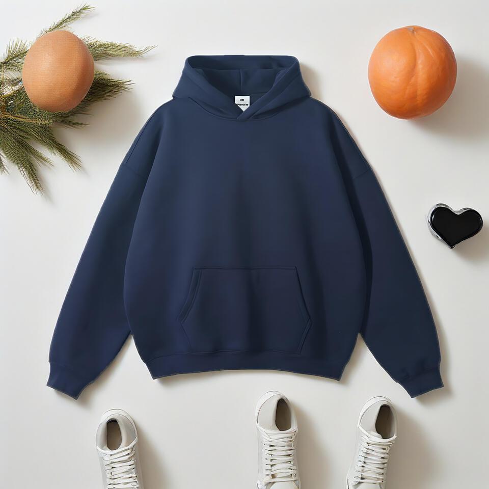 Binken Navy Blue Cotton Hoodie Unisex Casual Jacket