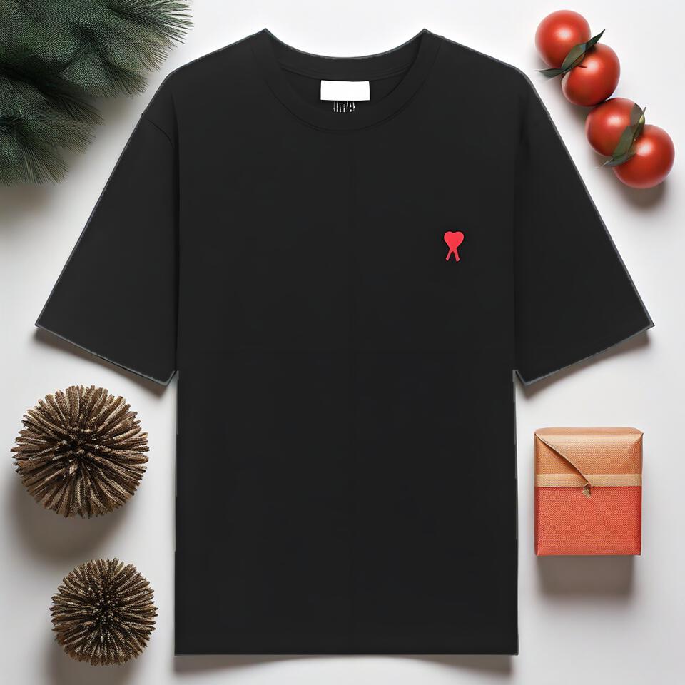 Black Crew Neck T-Shirt Combed Cotton Soft Breathable Red Heart