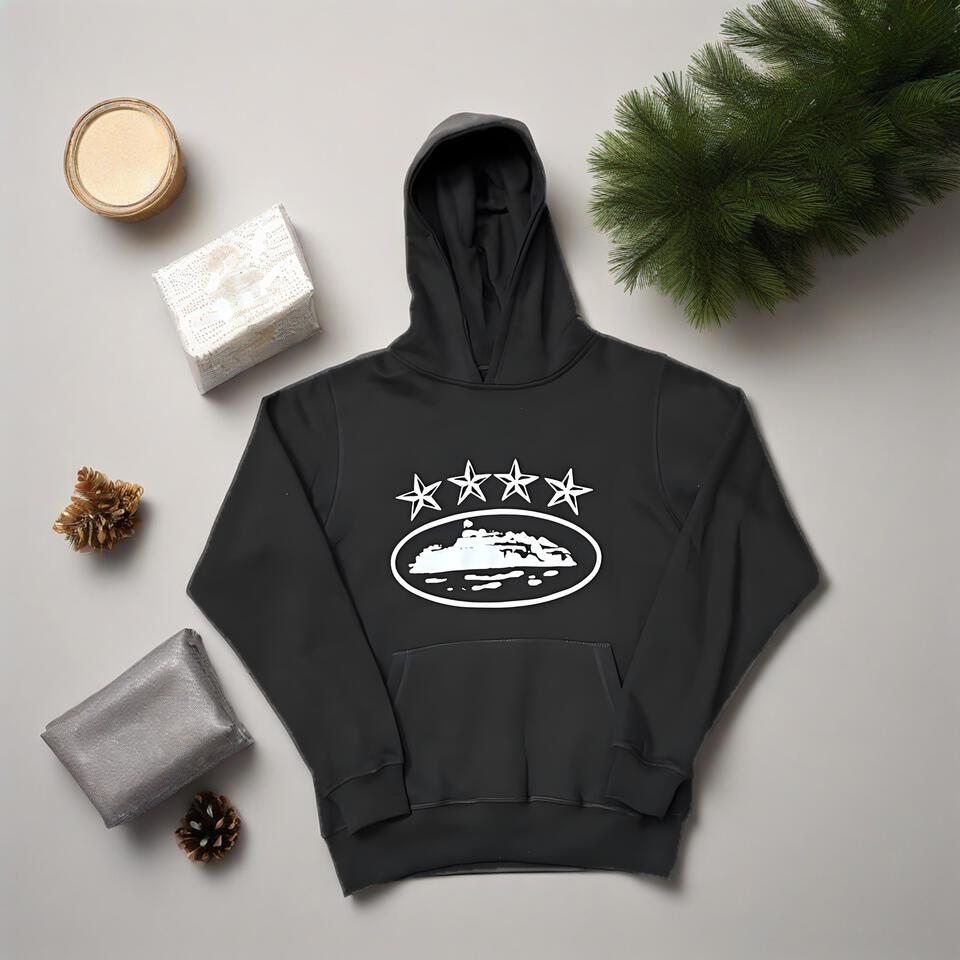 Black Hooded Cotton Sweatshirt Unisex Streetwear Print