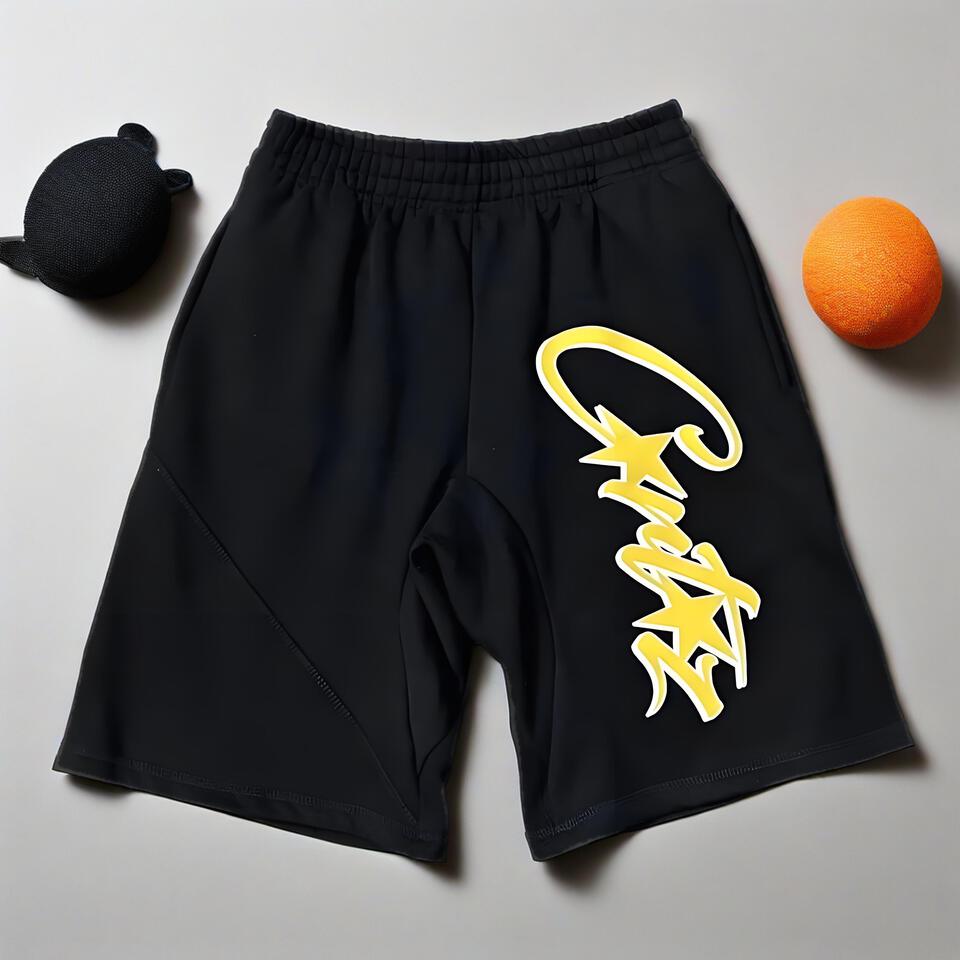 Black & Yellow Letter Print Pure Cotton Stretch Shorts for Men & Women