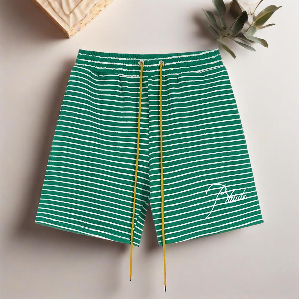 BludeBlude Green Stripe Cotton Blend Unisex Casual Shorts