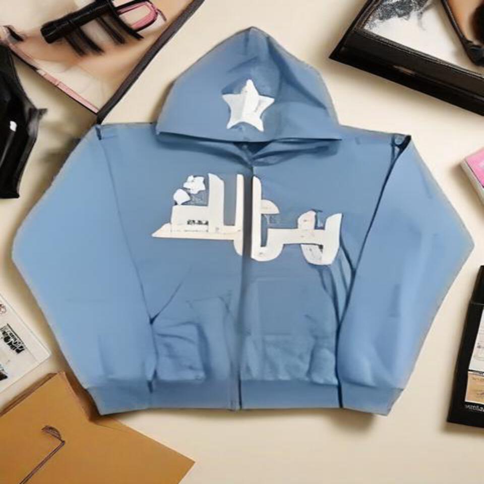 Blue Hooded Cotton Sweatshirt Unisex Streetwear