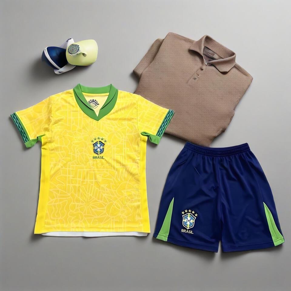 Brazil Kids Soccer Jersey Yellow Blue Breathable Moisture-Wicking Sports Outfit