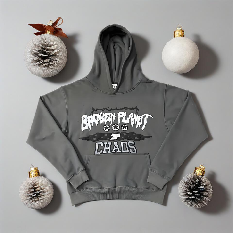 Broken Planet Grey Hoodie CHAOS Print Streetwear