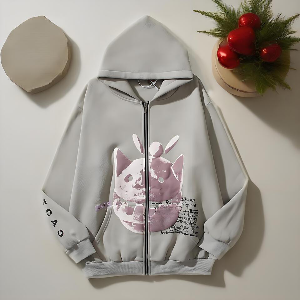 CAC Grey Hoodie Unisex Streetwear Casual Loose Fit Print