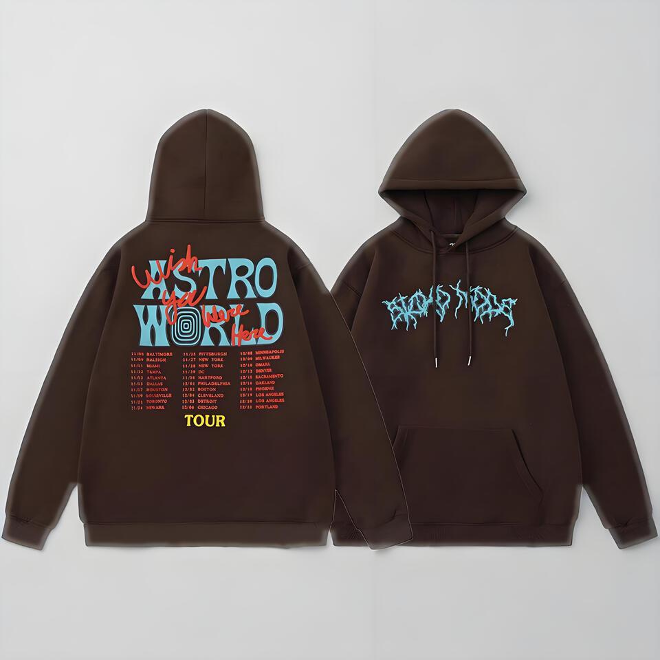 Cactus Jack Brown Hoodie Unisex Lightning Print Tour Streetwear