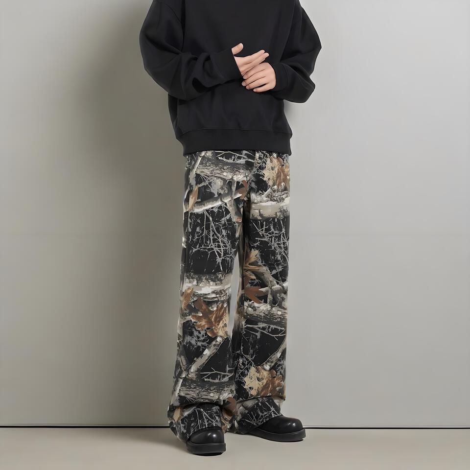 Camouflage Print Cotton Blend Wide Leg Pants Unisex Street Vintage