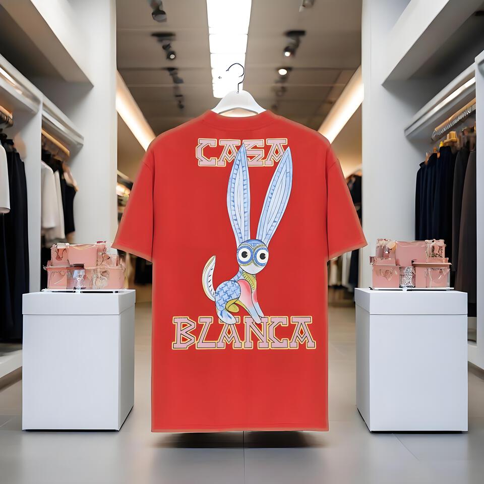 Casa Blanca Red T-Shirt Cotton Loose Cartoon Print Unisex Street