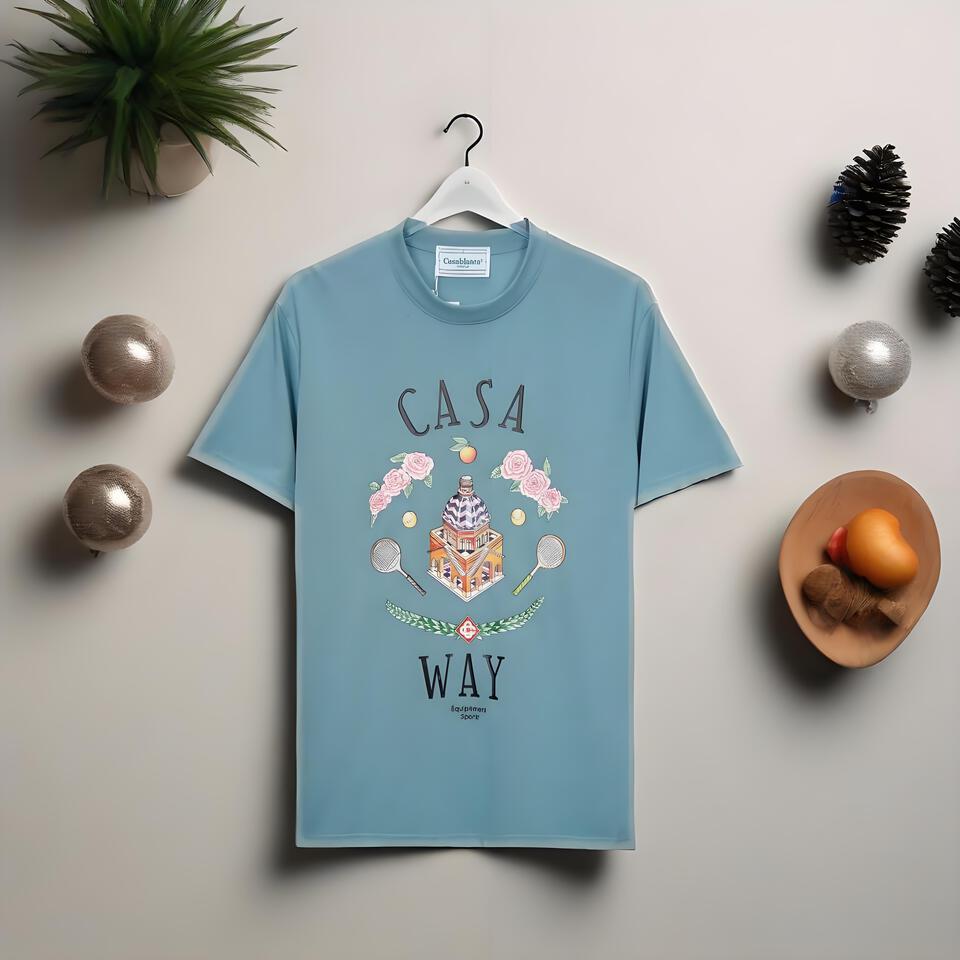 Casablanca Light Blue Cotton T-Shirt Unisex Casual Print Tee
